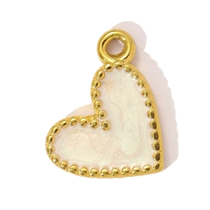 Detail of heart-shaped pendant with pink gradient rose enamel and gold beaded edges