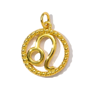 Detailed view of Leo zodiac charm in gold metal with decorative beaded circular border