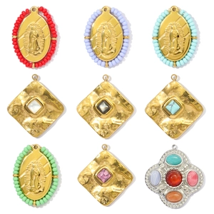 Pendentif en Acier Inoxydable Religieux Vierge Marie Coquille pour Fabrication de Bijoux DIY Vintage Français Carré Croix Pierre Naturelle