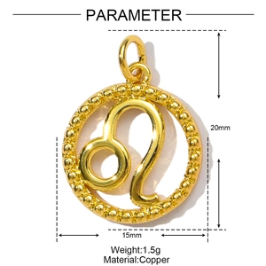 Technical drawing of a copper Leo zodiac pendant with dimensions and 1.5g weight info