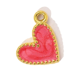 Detail of pink heart pendant with golden beaded edges and shiny enamel filling