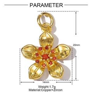 Detailed size parameters of golden flower pendant with red zircons in 20mm height