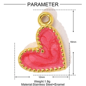 Detail showing pink enamel heart pendant size parameters and polished gold beaded edge