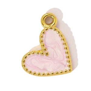 Detail of a pink glitter heart pendant with gold beaded edges and a small top bail