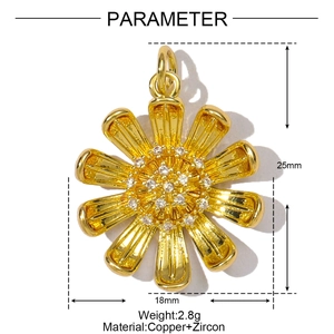 Detailed parameter view of a gold sunflower pendant made of copper and zircon stones