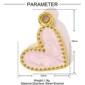 Detail view of heart enamel pendant showing dimensions 16x12mm and 1.9g weight