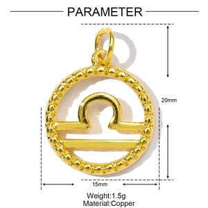 Detail of copper Libra zodiac pendant with beaded edge showing 20mm height and 15mm width