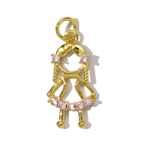Nahaufnahme eines vergoldeten Mädchen-Anhängers mit rosa Zirkonia-Steinen für DIY-Schmuck
