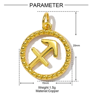 Detailed parameter view of a gold Sagittarius copper pendant with arrow symbol