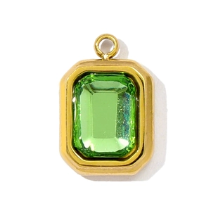Close-up of rectangular emerald green gemstone pendant with gold stainless steel frame