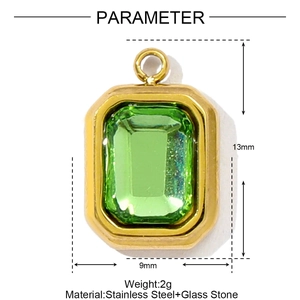 Detailed specs of emerald-cut green glass pendant in gold stainless steel frame