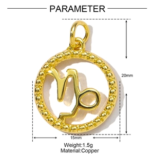 Macro shot of a 20mm round gold copper Capricorn zodiac pendant with beaded texture