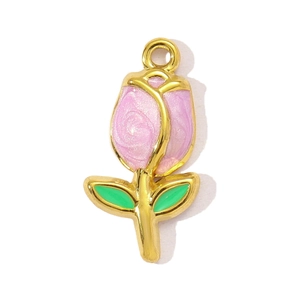 Detailed close-up of a rose pendant featuring pink enamel petals and green leaves