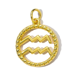 Detailed close-up of golden Aquarius zodiac pendant with circular beaded edge and wave symbol