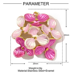 Detailed view of enamel tulip hydrangea pendant in stainless steel with dimensions