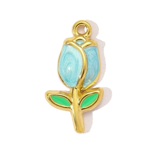 Detail of tulip flower pendant with light blue gradient petals and golden leaves