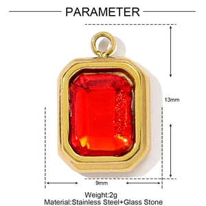 Detailed view of a 13x9mm emerald-cut red glass pendant set in a gold stainless steel base