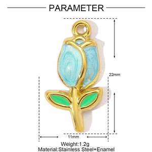 Detailed view of light blue enamel tulip pendant with golden stainless steel leaves