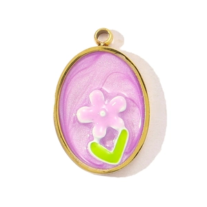 Detail of oval purple enamel pendant with pink flower inlay and golden metal frame