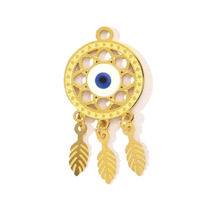 Χρυσό μενταγιόν ονειροπαγίδα με χάντρα evil eye και κρεμαστά φύλλα