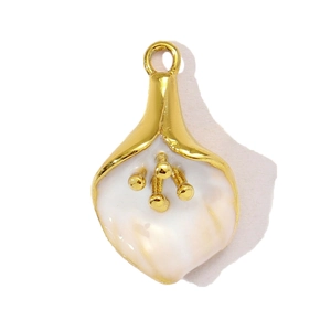 Elegant gold-edged calla lily pendant with white enamel inlay and beaded stamen details