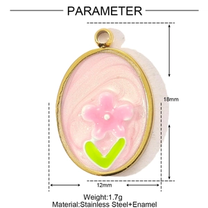 Detailed view of gold stainless steel oval pendant with pink enamel flower and dimensions
