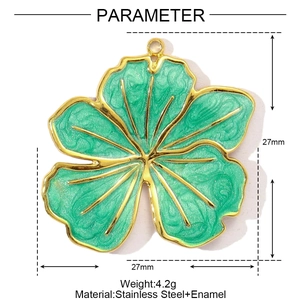 Detail of 27mm gradient green enamel flower pendant with gold edges and dimensions