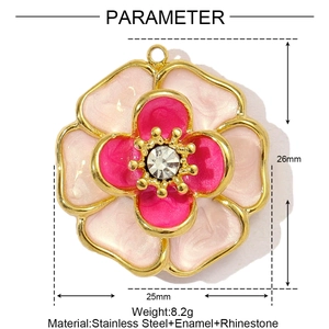Detailed specs of tulip enamel pendant showing 26x25mm size and 8.2g weight