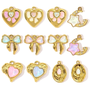 Stainless Steel Heart Bow Star Moon Pendant Rhinestone Enamel DIY Jewelry Charms Gold Plated Necklace Accessories For Women