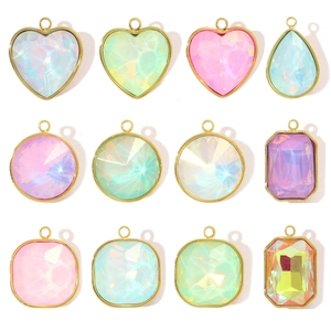 Geometric Heart Round Square Stainless Steel Pendant Glass Stone Colorful Charm For DIY Necklace Jewelry Accessories