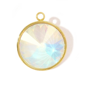 Close-up of a round iridescent gemstone pendant with gold-plated metal edging and facets