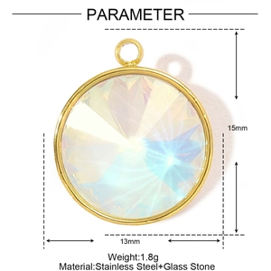 Detailed size parameter of 13mm round gold stainless steel and glass stone pendant