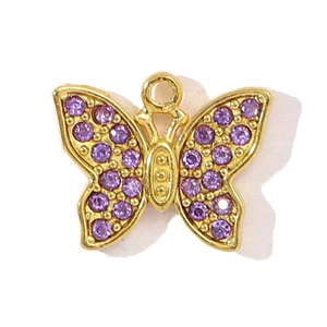 Pendentif papillon doré vintage avec cristaux violets en acier inoxydable chic