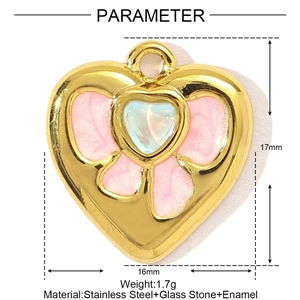 Detail of pink enamel heart pendant with gold frame and central glass stone, 17mm size