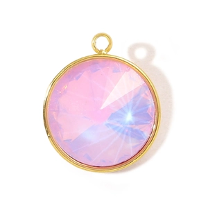 Detailed view of a round pink faceted crystal pendant with a gold stainless steel border