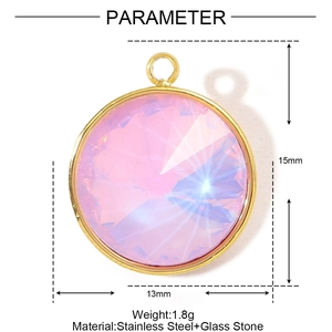 Detail showing dimensions and 1.8g weight of a pink round glass stainless steel pendant