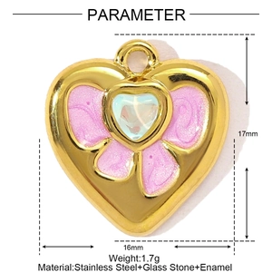 Macro shot of gold stainless steel heart pendant with pink enamel and size parameters