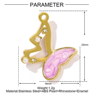 Ciondolo a farfalla in acciaio inossidabile con smalto rosa, perle e strass lucidi