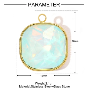Detail view of 13mm x 16mm golden stainless steel square pendant with iridescent glass stone