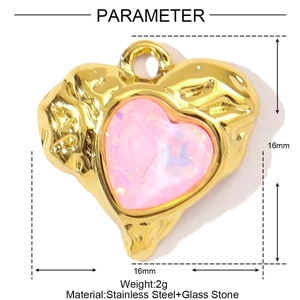 Macro detail of a 16mm heart pendant with pink glass stone and gold lava texture