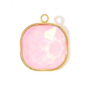 Detail of pink square faceted glass pendant with gold plated stainless steel frame