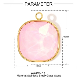 Pink square faceted glass pendant with gold stainless steel frame and measurements