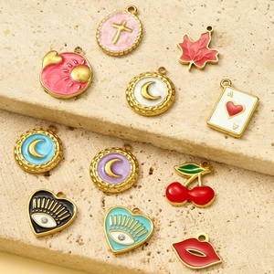 French enamel charms in heart, leaf, and moon designs for DIY stainless steel necklaces