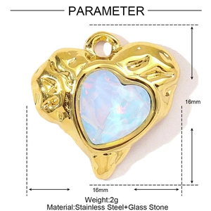 Macro shot of 16mm heart pendant made of golden stainless steel and glass stone