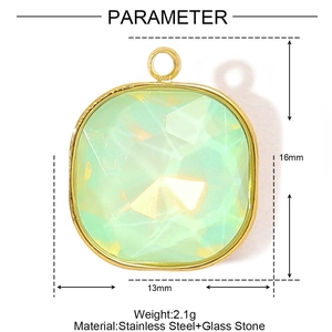 Detailed size chart for square green glass pendant with gold trim and stainless steel frame