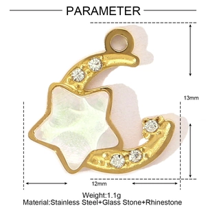Parameter detail showing 13mm gold stainless steel crescent moon and star pendant with rhinestones
