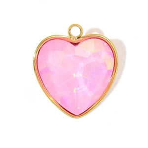 Pink heart-shaped crystal pendant with gold trim and top ring for DIY jewelry making