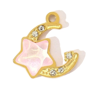 Golden crescent moon and pink star pendant with sparkling crystals for DIY necklaces