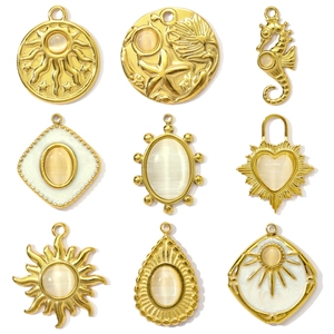Vintage Stainless Steel Cat Eye Stone Pendant Charms For DIY Jewelry Making Gold Plated Sun Heart Starfish Jewelry Findings