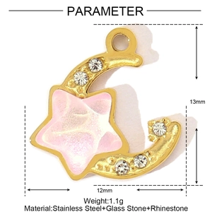 Detailed view of gold crescent moon and pink enamel star pendant with rhinestone inlay